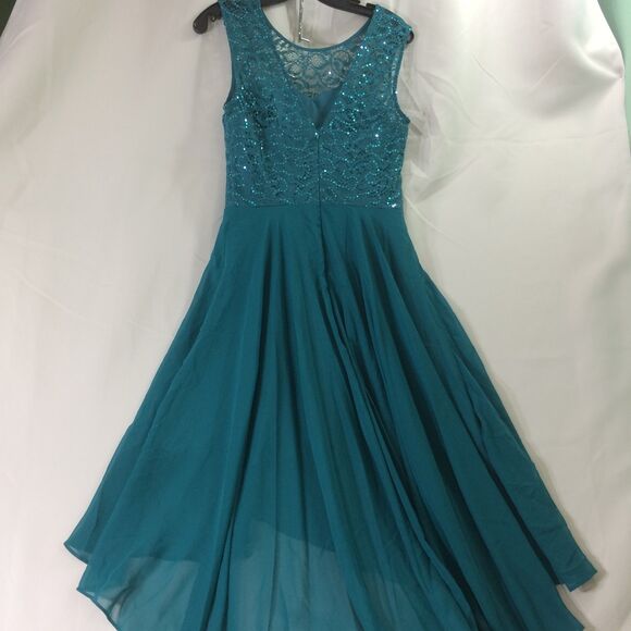 Berylove Hi Lo Lace Top Chiffon Dress Teal Green NO BELT Size M Deep V Back - Picture 6 of 8
